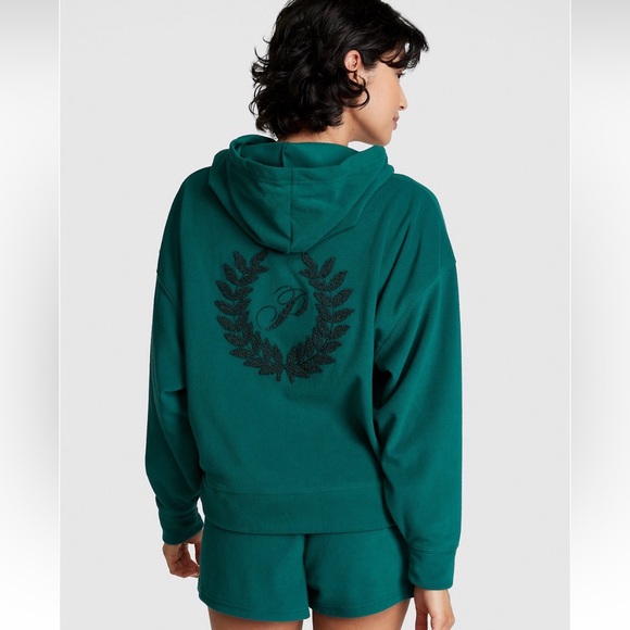 PINK by VS polar fleece short and hoodie pajama set green logo on back sz lg - Picture 8 of 12